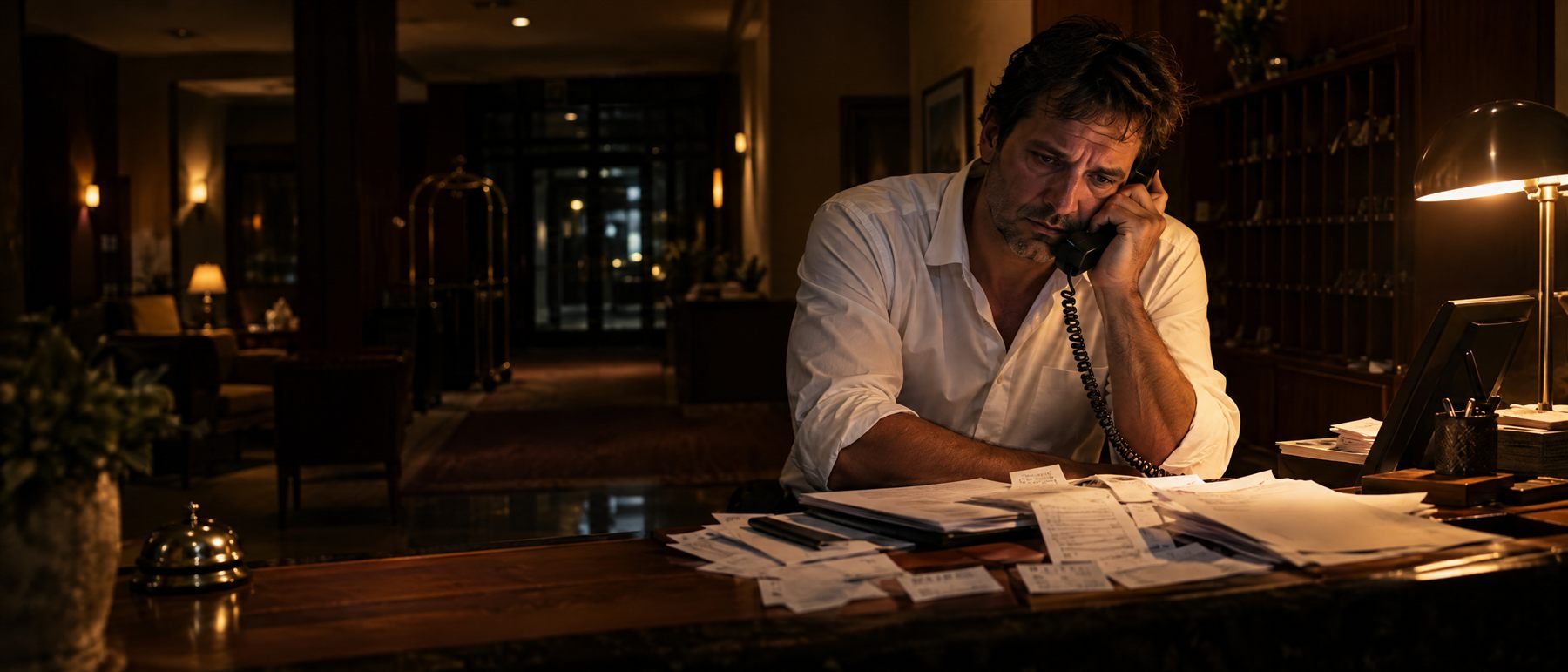 Dono de hotel exausto na recepção à noite